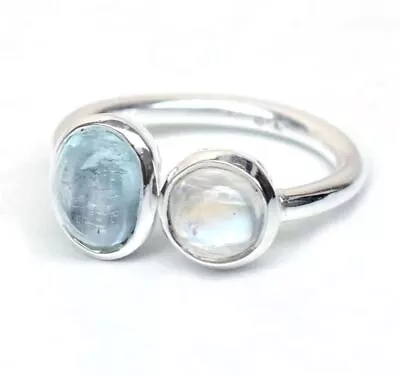 Natural Aquamarine & Moonstone 925 Sterling Silver Ring Dainty Jewelry • $11.43