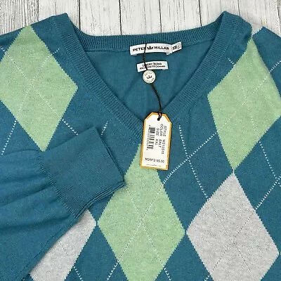 Peter Millar Sweater Mens XXL Luxury V-Neck Cotton Cashmere Argyle $145 New Teal • $95