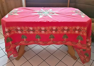 Vintage Christmas Decoration Embroidery Red Green Cotton Square Tablecloth • $59.99