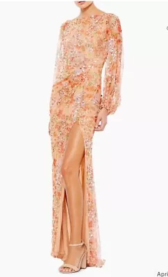 MAC DUGGAL Floral Print Bishop Sequin Apricot Maxi Dress Size 10 • $186.75
