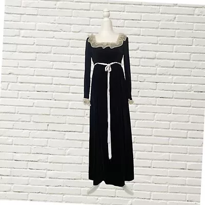 Vintage 70s Black Velvet Maxi Dress Gothic Babydoll Size Xs • $65