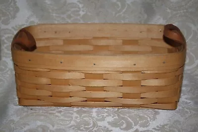 Vintage 1998 ROYCE CRAFT Rectangular WOOD Bread BASKET W LEATHER Handles 12.5  L • $4.95