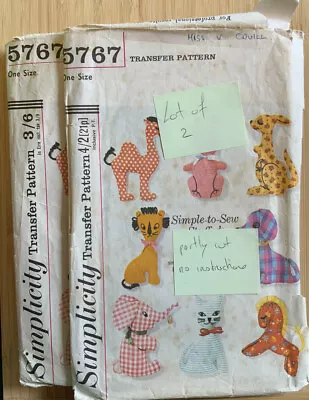 £5.99 • Buy Simplicity 5767 Sewing Pattern Lot Of 2 Stuffed Animals Toys Partly Cut