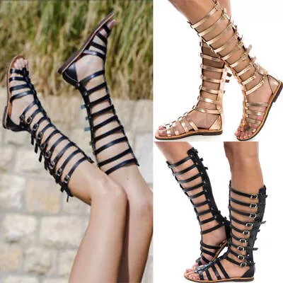 Womens Ladies Knee High Cut Out Lace Tie Up Flat Sandals  Gladiator Summer Shoes • £23.99
