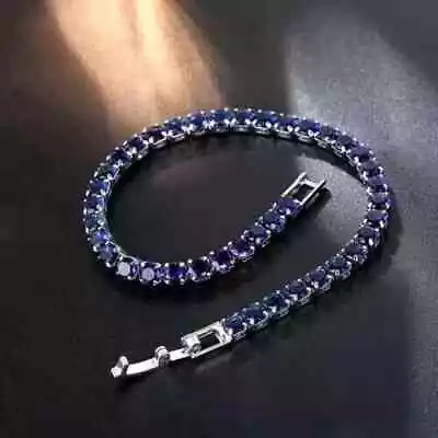 14k White Gold Plated 8Ct Round Cut Lab Created Blue Sapphire Tennis Bracelet • $158.99