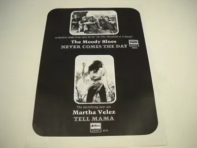 MOODY BLUES Never Comes The Day & MARTHA VELEZ Tell Mama 1969 Promo Poster Ad • $9.95