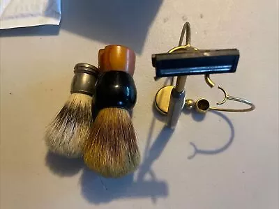 Vintage Shaving Set On Gold Tone Metal Stand Brush Razor Holder And Two Brushes • $9.99