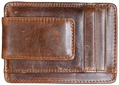 Money Clip RFID Front Pocket Wallet Men Leather Slim Minimalist Wallet (Brown • $19.34