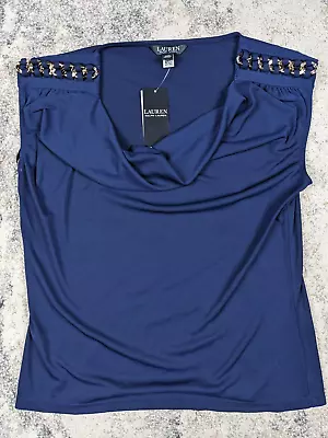 Lauren Ralph Lauren Top Women's Large Blue Sleeveless Cowl Neck Chain Accent • $24.99