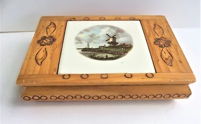 Vintage Floral Wood Burned Jewelry Box With Dutch Windmill Scene Ceramic Tile • $10