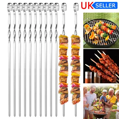 12/24/36PCS LONG Metal Kebab Grill Steel Sticks Flat  BBQ Skewers Barbecue Meat • £13.98