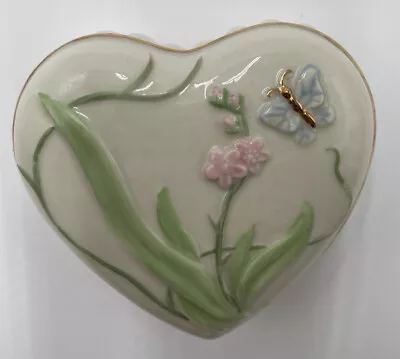 Lenox Heart Shaped Trinket Box Butterfly Flower Dish Gold Trim • $7.99