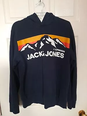 JACK & JONES Mens Graphic Hoodie Jumper Medium Navy Blue Cotton L • £17.99