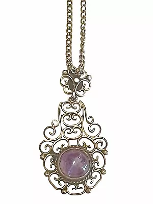 MEXICO Sterling Silver Amethyst Pendant Necklace 15.5in Chain Vintage • $35