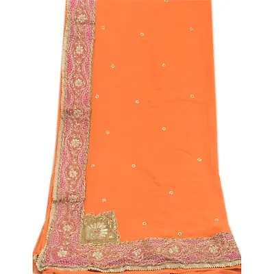 Sanskriti Vintage Orange Dupatta Pure Georgette Silk Stole Hand Beaded Scarves • $64.99