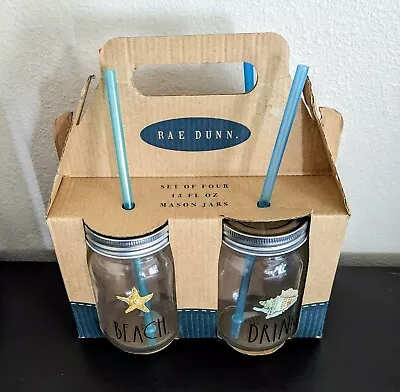 RAE DUNN (Set Of 4) 15 Fl Oz Mason Jars W/ Straws ENJOY RELAX DRINK BEACH NIB  • $27.99