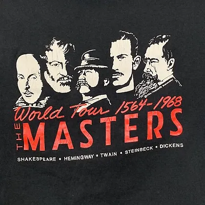 Masters World Tour Tshirt Famous Authors Mark Twain Shakespeare Hemingway Vtg 90 • $25