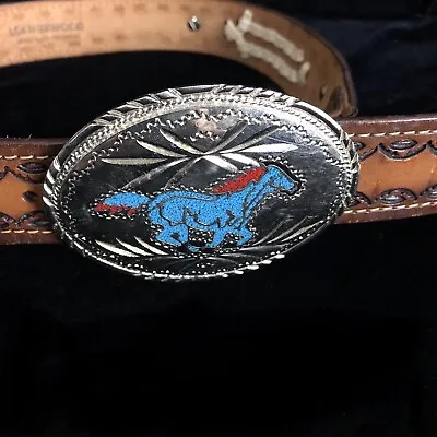 Vtg SSI Native American War Horse Turquoise Coral Inlay Buckle & Leather Belt • $24