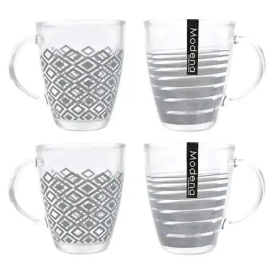 £12.49 • Buy Set Of 4 Coffee Mugs Tea Cups Glasses Geometric Pattern Grey Clear Glass 340ml