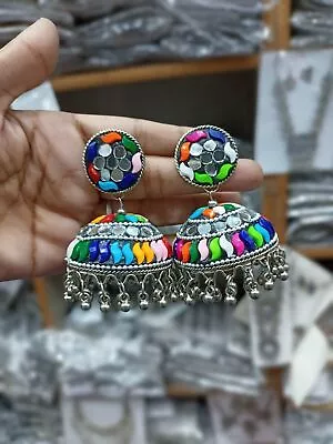 Designer Multicolor Afghani Indian Oxidised Silver Plated Jhumka Earrings • $22.61