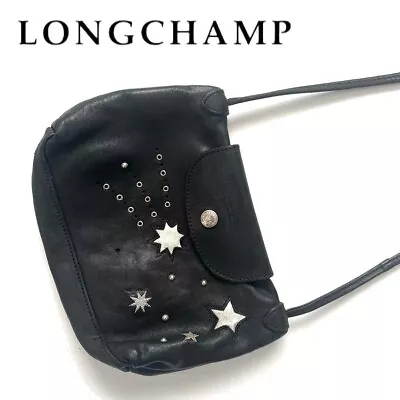 LONGCHAMP Le Pliage Cuir Black Leather Shoulder Crossbody Bag Stars RARE • $142.30