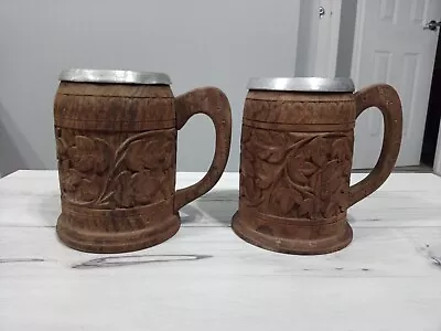 2 Vintage Hand Carved Leaf Design Wooden Beer SteinMug With Metal Insert • $10.35