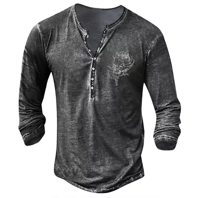 $22.35 • Buy Mens Casual Baggy V Neck Button T-Shirt Tee Long Sleeve Rose Tops Vintage Shirts