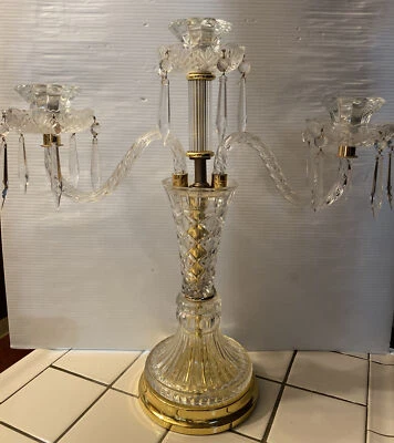 $140 • Buy 19” TALL VINTAGE CRYSTAL & BRASS Three Arm  Candelabra - CANDLE HOLDER