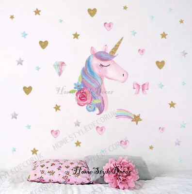 £4.99 • Buy Magical Unicorn Horse Rainbow Hearts Wall Stickers Girls Room Decal