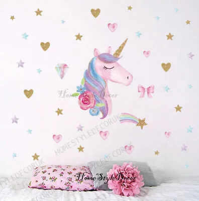 Magical Unicorn Horse Rainbow Hearts Wall Stickers Girls Room Decal • £4.99