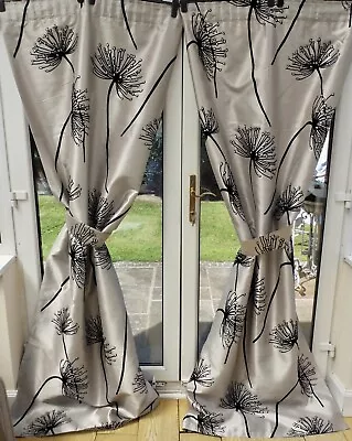 FABULOUS FAWN/ MINK FAUX SILK CURTAINS/ TIEBACKS BLACK VELVET LARGE FLOWERS Set2 • £28.99