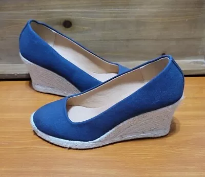 J. Crew Factory Seville Blue Canvas Espadrilles Pumps Wedge Heel Round Toe Sz 6 • $45