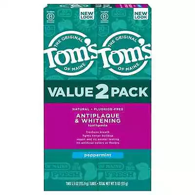 Tom's Natural Antiplaque Whitening Peppermint Toothpaste Pack Of 2 / USA IMPORT • £17.99