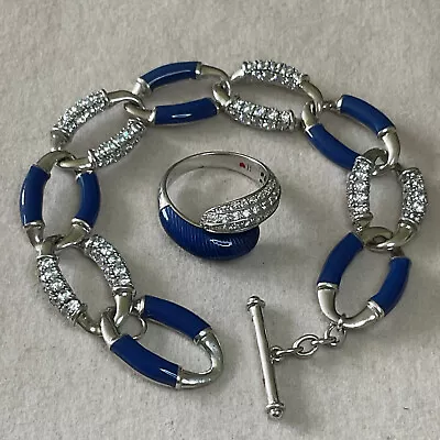 Vintage Sterling Silver Blue Enamel & Cubic Zirconia Bracelet & Ring Size 9 SET • $140