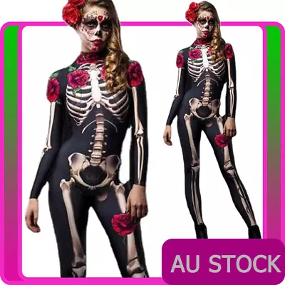 Ladies Mexican Day Of The Dead Costume Skull Skeleton Spanish Senorita Jumpsuit • $23.96