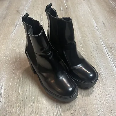 $39.88 • Buy Zara Women’s Black Chunky Boots Patent Leather Goth Grunge Biker EU38 7132001040