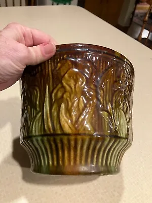 McCoy? Majolica Vtg Flower Art Pottery Green Brown Ribbed Ceramic  Jardiniere 6  • $95