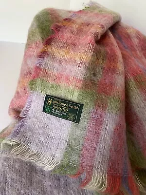 EUC John Hanly Ireland *Mohair* Wool Throw Blanket Plaid 57x62 Pink Green Purple • $89.95