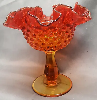 Vintage Fenton Amberina Hobnail Ruffled Crimp Edges Pedestal Compote Candy Dish • $15.99