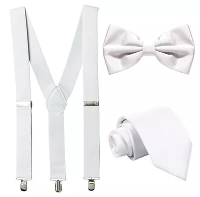 White Bow Tie Suspender Braces Long Tie Pick & Choose Wedding Prom Unisex Party • £3.99