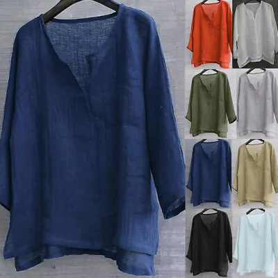 Mens Casual Long Sleeve Tops Cotton Linen Blouse Loose Henley V-Neck T Shirt • $15.29