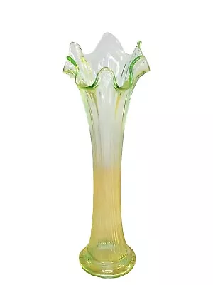 Fenton 10.4  Vaseline Uranium Vase Swung Glass Fluted Bud Flower Ruffled Ribbed • $68.50