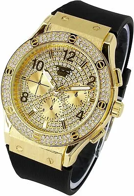 Men Iced Watch Bling Rapper Lab Diamond Black Silicon Band Luxury Gold PT Metal • $19.99