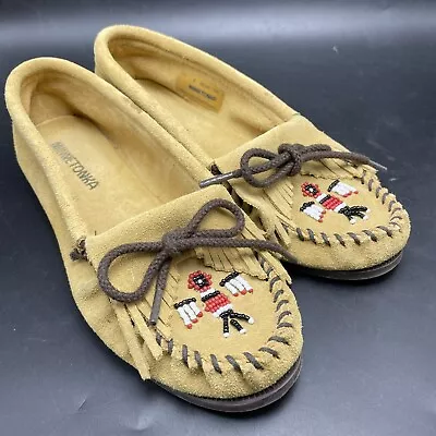 Minnetonka Size 7 Tan Suede Leather Beaded Thunderbird Moccasins W Soles Slipper • $17.99