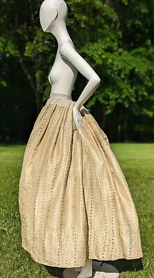 Victorian 19th C Yellow + Floral Striped Silk Bustle Skirt • $428.28