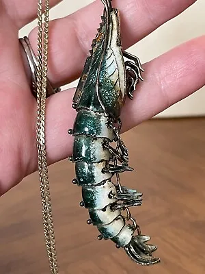 Vintage 1920’s Chinese Export Sterling Silver Enamel Shrimp Pendant Necklace • $170