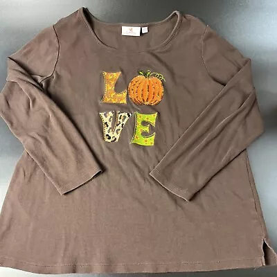 Quacker Factory Embellished Brown Love Fall Pumpkin Halloween Shirt Women SZ 1X • $15.99