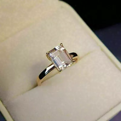 14K Gold Plated Silver Emerald Cuts Morganite Solitaire Ring 1.30 Ct Lab Created • $102.85