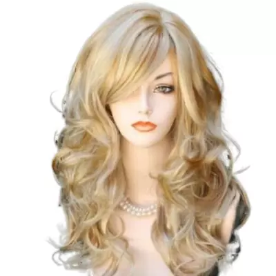 Pop Womens Golden Blond Heat Resistant Long Curly Wavy Full Volume Hair Wig USA • $12.59