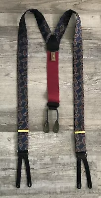 Trafalgar Paisley Navy Blue & Burgundy Silk Button Braces Elastic Suspenders Vtg • $39.99